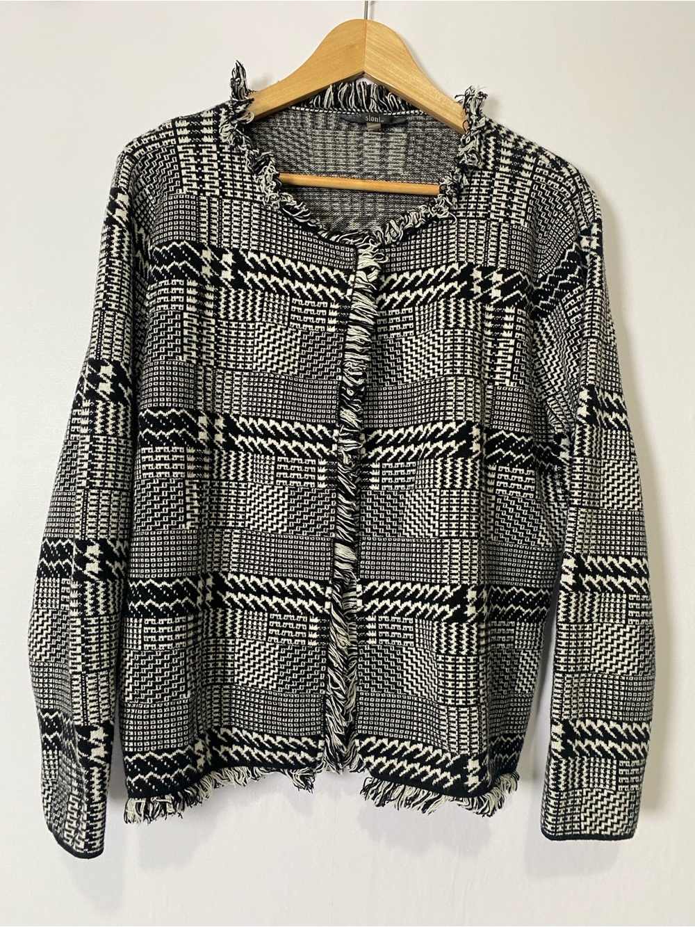Sioni Women's Open Cardigan Blk Wht XL Fringe Preppy Career Office Business